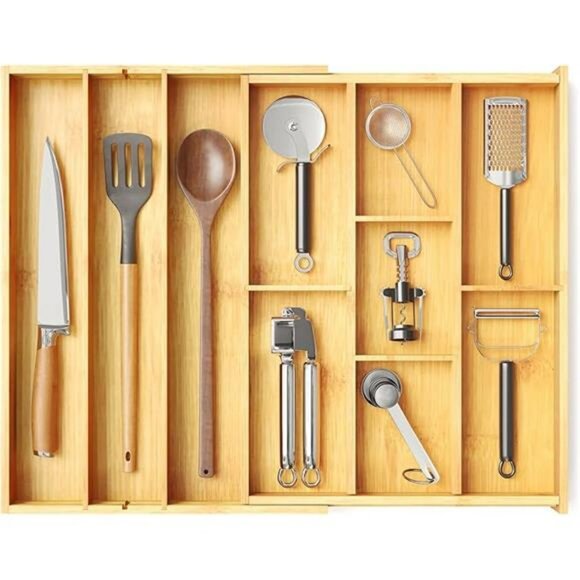 Expandable bamboo silverware drawer organizer utensil flatware cutlery tray hold - Picture 7 of 7